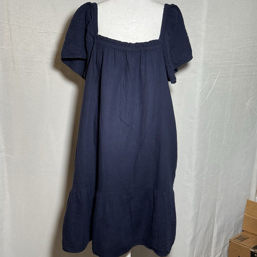 Gap Womens XL Navy Blue Square Neck Midi Dress Puff Sleeve Tiered Casual Boho